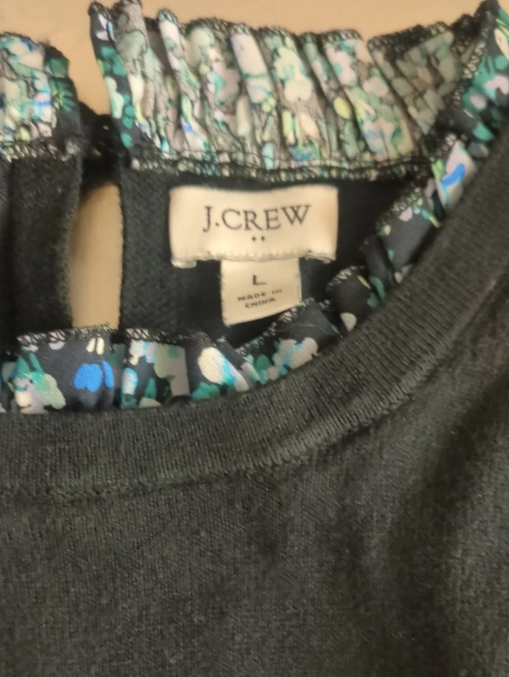 J. Crew Black Crewneck Sweater Floral Ruffle Trim